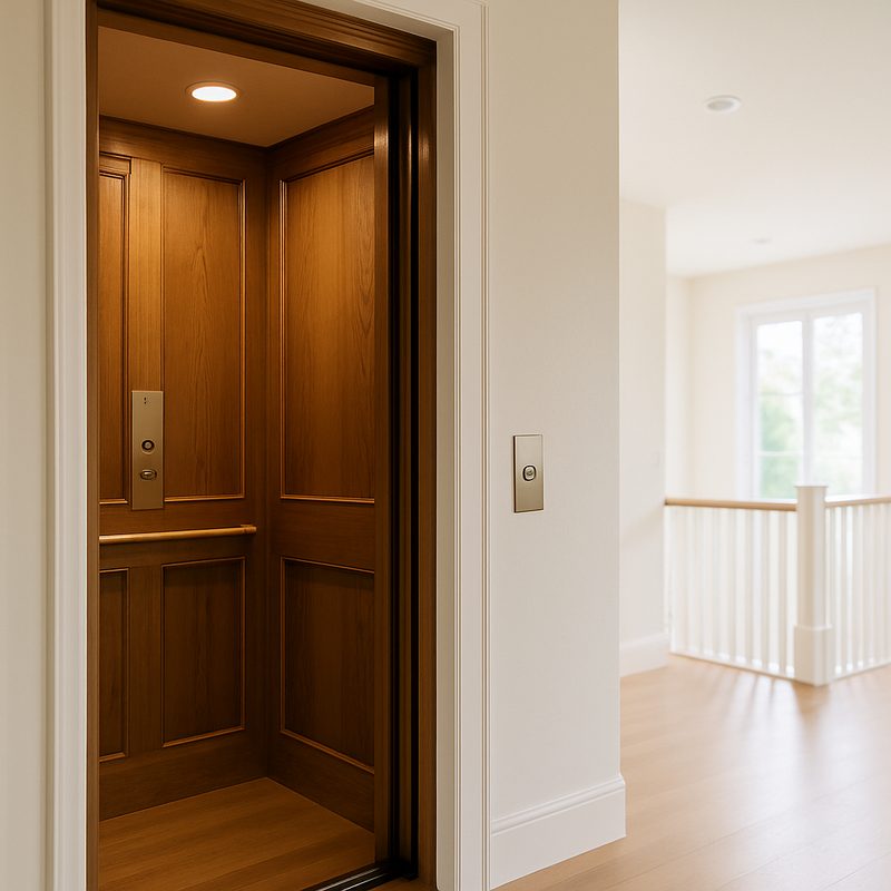 Residential elevator cab opening onto an upstairs landing
