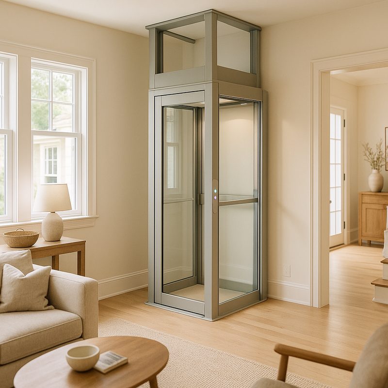 Compact shaftless home elevator in a living room