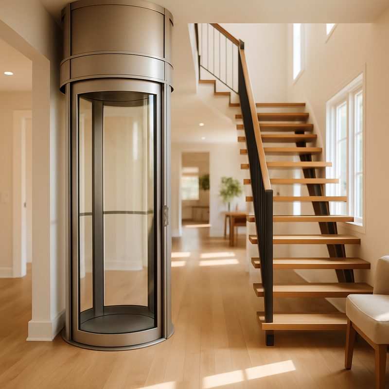 Panoramic glass residential elevator as a premium design feature beside a staircase