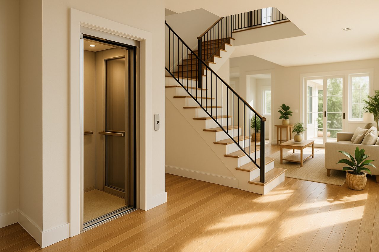 Residential elevator beside a staircase in a bright modern American home