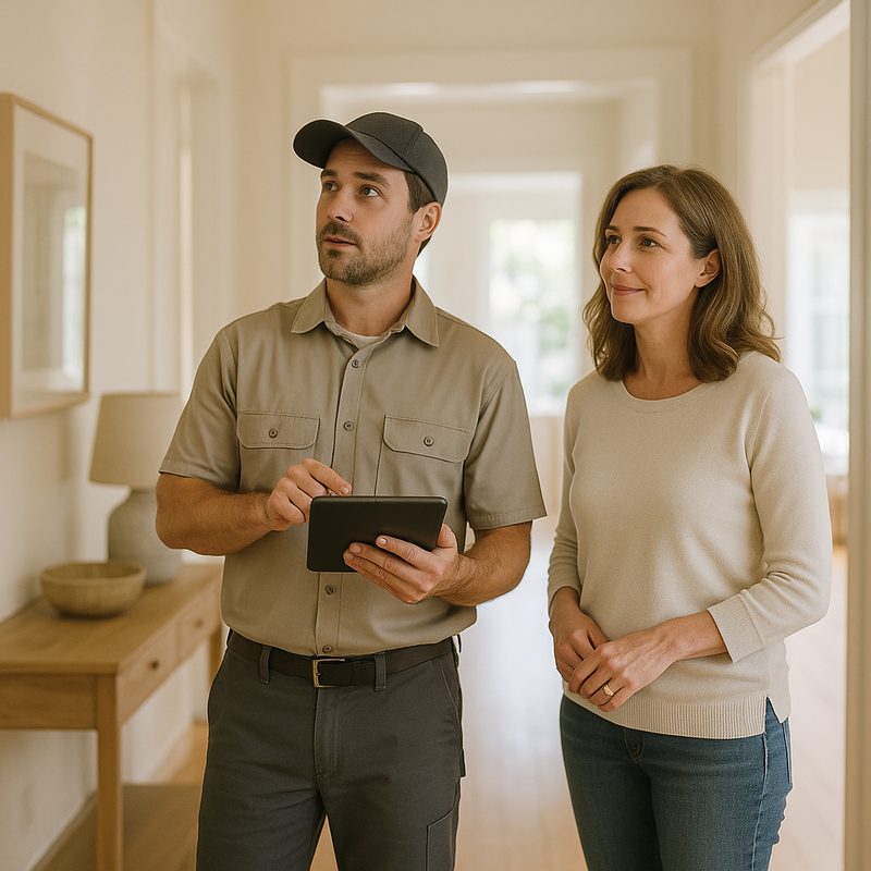 Licensed installer measuring a room during a free home survey before an elevator installation