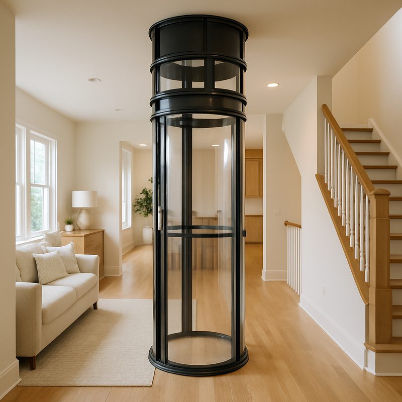 Design-led pneumatic vacuum home elevator in a self-supporting glass tube