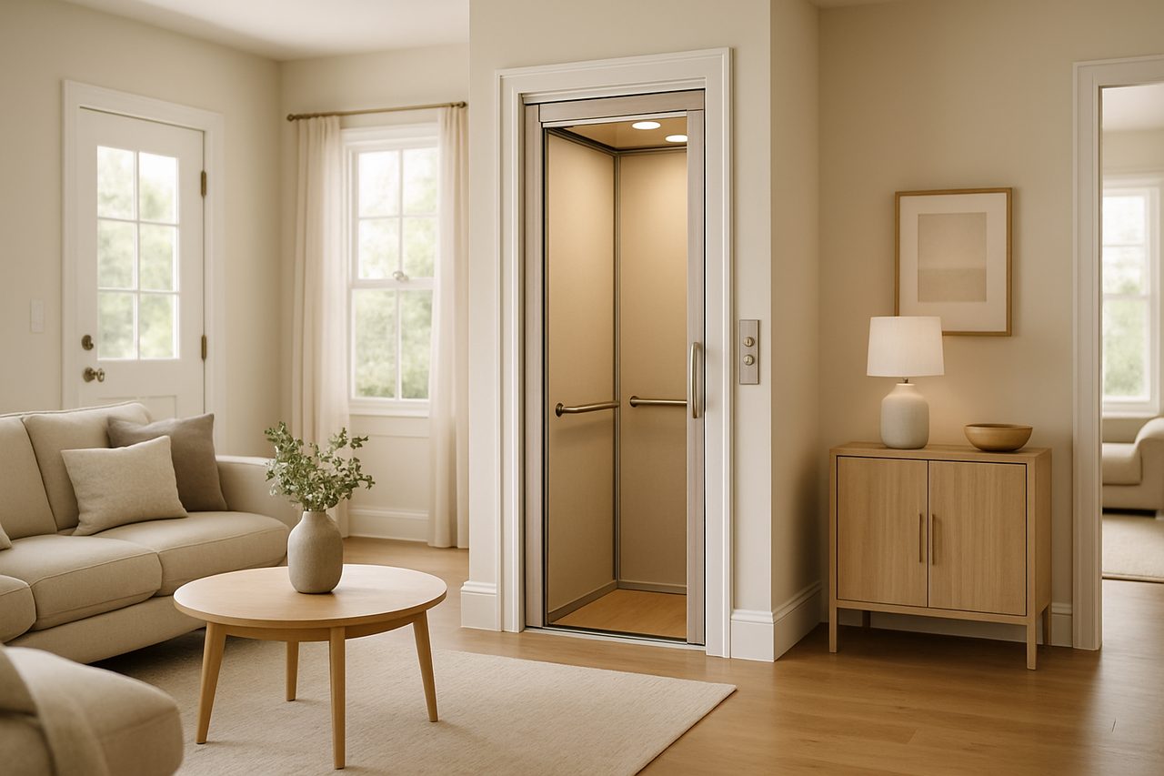 Compact shaftless elevator fitted neatly into the corner of an existing living room