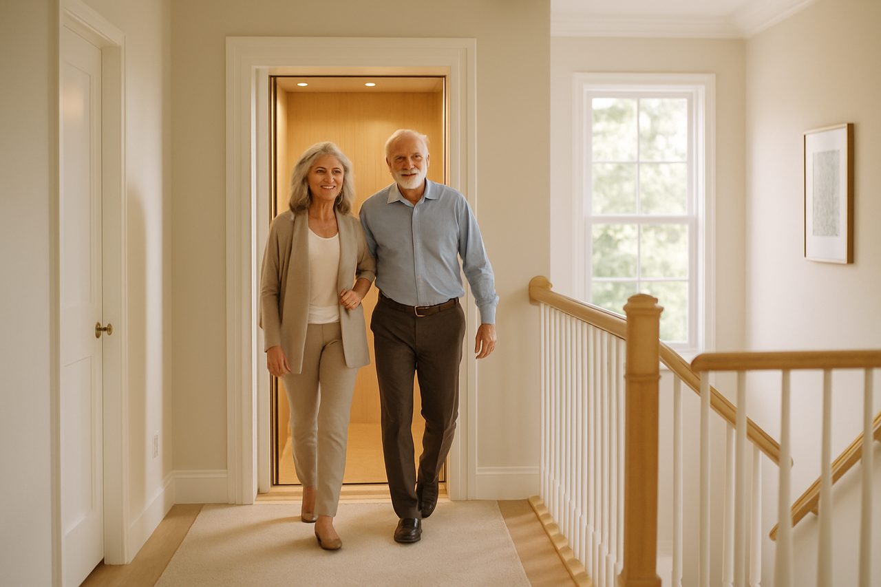 An active older couple stepping comfortably out of their home elevator onto an upstairs landing