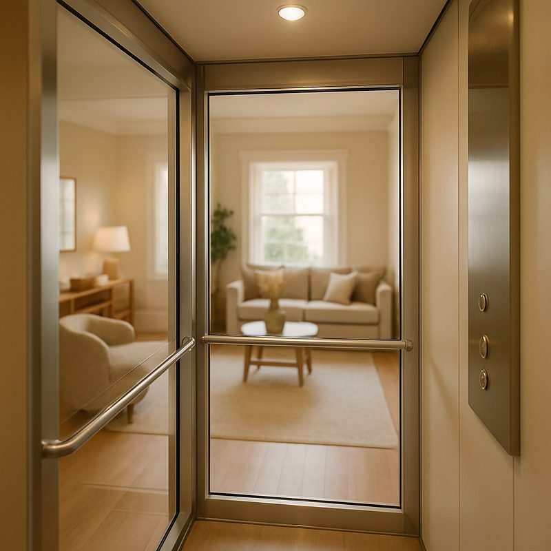 Inside a compact shaftless home elevator, looking out through its glass cab into a living room