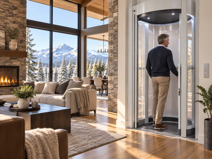 A man stepping into a glass home elevator in the corner of an open-plan living room
