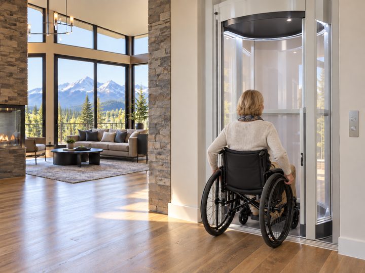 A woman in a wheelchair rolling straight into a glass home elevator at floor level