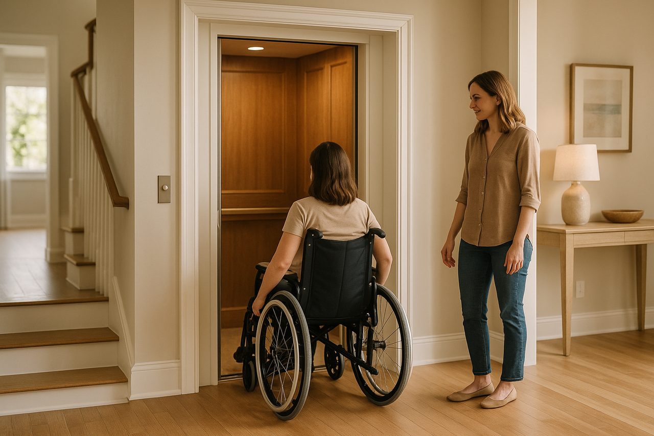 Person using a wheelchair entering a wide-cab accessible home elevator